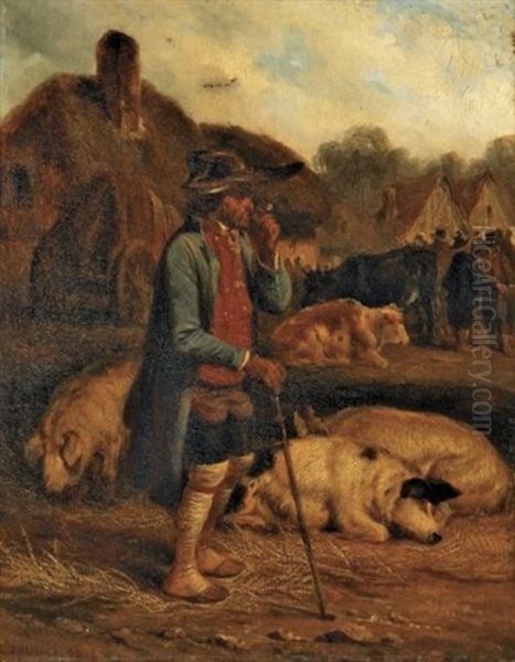 Scene De Marche, Fumeur De Pipe Et Ses Cochons - view 1