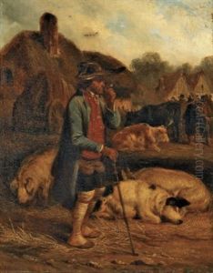 Scene De Marche, Fumeur De Pipe Et Ses Cochons