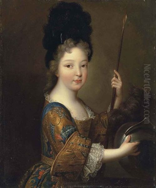 Portrait Of A Boy As Mars In A Richly Embroidered Dress And Black Feather Headdress, Holding A Spear And A Helmet - view 1