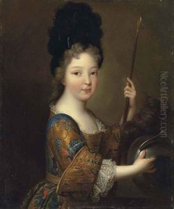 Portrait Of A Boy As Mars In A Richly Embroidered Dress And Black Feather Headdress, Holding A Spear And A Helmet