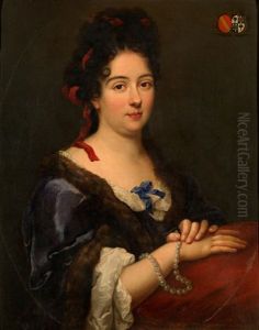 Portrait Of A Lady, In A Blue Satin Dress With Fur Trimmings Holding A Necklace by Alexis-Simon Belle