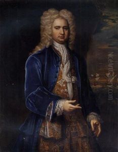 Portrait Of Captain Hercules Baker In A Blue Velvet Coat, A Gold And Silver Embroidered Waistcoat And Lace Cravat, An English Man-o'-war Ship In A Swell Beyond