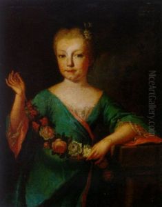 Portrait Of A Young Lady In A Blue Dress With Lace Trim, Holding A Garland Of Flowers by Alexis-Simon Belle