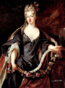 Portrait Of (princess Conti?) In A Blue Taffeta Dress And An Ermine Coat by Alexis-Simon Belle