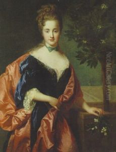 Portrait Of A Lady, Beside An Orange Tree, Holding A Sprig Of Orange Blossom, A Formal Garden Beyond by Alexis-Simon Belle