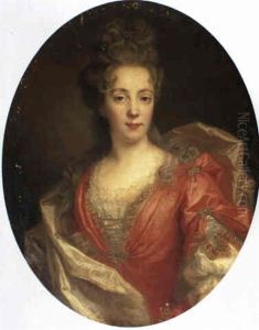 A Portrait Of A Lady, Half Length, Wearing A Red Gown       Trimmed With Gold Braid And Lace With A Golden Cloak
