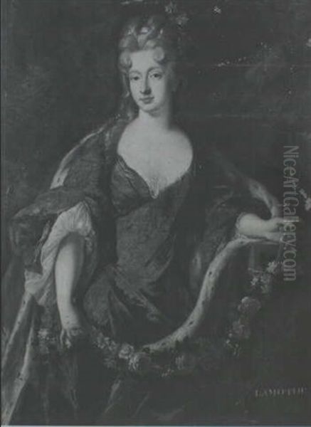 Portrait D'une Princesse De Trois Quarts, Portant Une Robe  Bleue Et Un Manteau D'hermine, Tenant Une Guirlande De - view 1