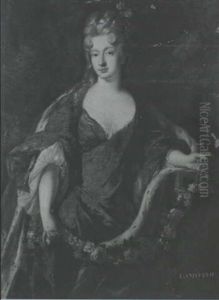 Portrait D'une Princesse De Trois Quarts, Portant Une Robe  Bleue Et Un Manteau D'hermine, Tenant Une Guirlande De