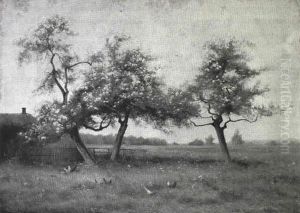 Landskab Med Hons Under Traeer by Leon Le Goaebe De Bellee
