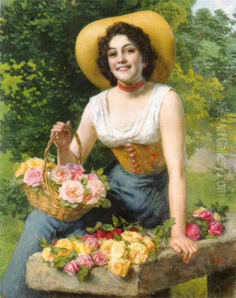 A Beauty Holding A Basket Of Roses - view 1