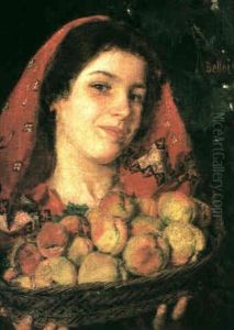 Portrait Of A Woman Holding A Basket Of Peaches