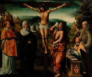 Le Christ En Croix Entre Saint Etienne, La Vierge Marie, Saint Jean, Saint Francois Et Le Donateur Francois Poncher by Noel Bellemare