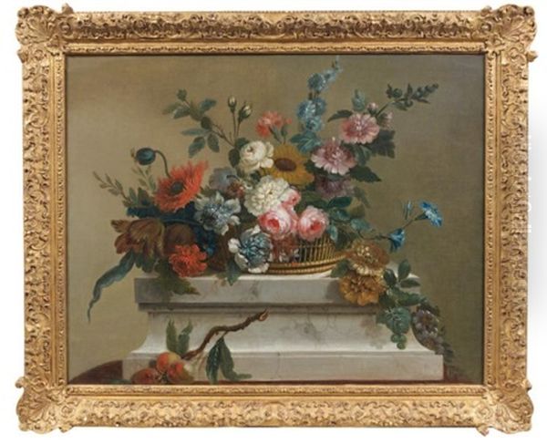 Panier De Fleurs Sur Un Socle De Pierre - view 1