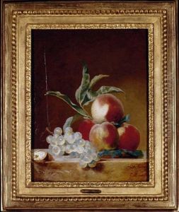 A Still Life With Peaches, Grapes And An Open Walnut On A Stone Ledge