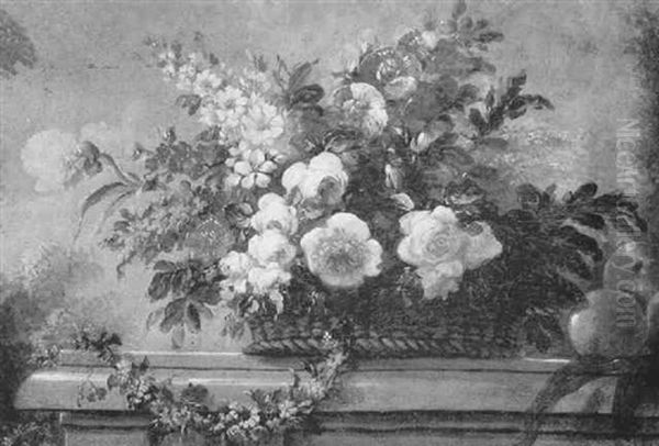 Nature Morte Au Panier De Fleurs Et Pommes Sur Un Entablement - view 1