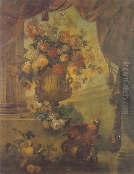 A Still Life Of Roses, Orange Blossom, Honeysuckle, Tulips And Other Flowers In A Stone Vase - view 1