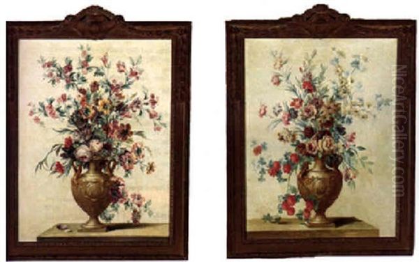 Still Life Of Flowers In A Sculpted Stone Vase, Upon A Stone Ledge - view 1