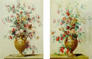 Still Life Of Flowers In A Sculpted Stone Vase, Upon A Stone Ledge by Michel Bruno Bellenge