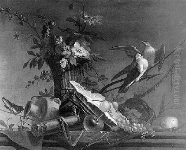 Still Life Of Objects And Fruit Strewn On A Ledge - view 1
