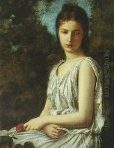 A Young Woman In Classical Dress Holding A Red Rose by Georges Bellenger