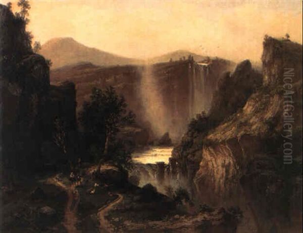 Extensive Landscape With A Waterfall And Peasants With Goats - view 1
