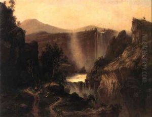 Extensive Landscape With A Waterfall And Peasants With Goats
