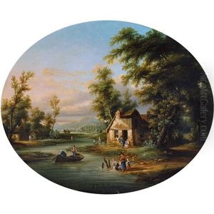 Flusslandschaft Mit Bauernhausern Und Staffage by Henri-J.-F. Bellery-Desfontaines