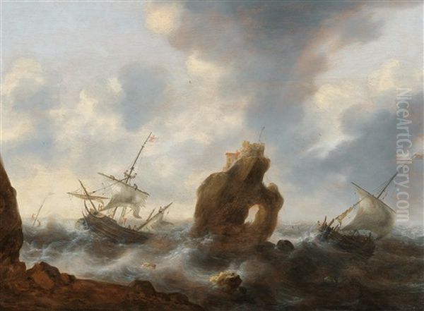 A Rocky Coast With Ships In A Stormy Sea - view 1