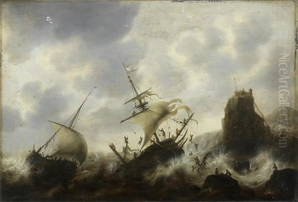 Ships Foundering In Rough Seas Off A Rocky Coastline - view 1