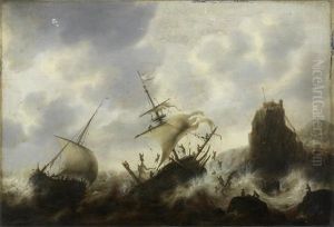 Ships Foundering In Rough Seas Off A Rocky Coastline by Jacob Adriaenz. Bellevois