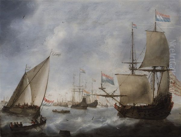 Dutch Men-o"-war And A Wijdschip In Choppy Waters, With Officers In A Rowing Boat Being Brought Aboard Their Vessel, With A View Of A Town On The Horizon - view 1