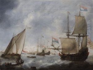 Dutch Men-o"-war And A Wijdschip In Choppy Waters, With Officers In A Rowing Boat Being Brought Aboard Their Vessel, With A View Of A Town On The Horizon by Jacob Adriaenz. Bellevois