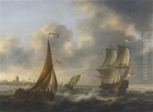 A Merchant-man, An Admiral's Barge And Other Small Ships In Choppy Waters by Jacob Adriaenz. Bellevois