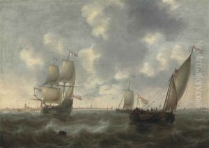 A Dutch Man-of-war And Other Shipping In Choppy Waters, Off The Coast Of Dordrecht by Jacob Adriaenz. Bellevois