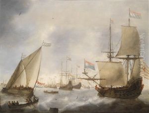 Hollandische Kriegsschiffe Und Ruderboote Auf Dem Ij Vor Amsterdam
