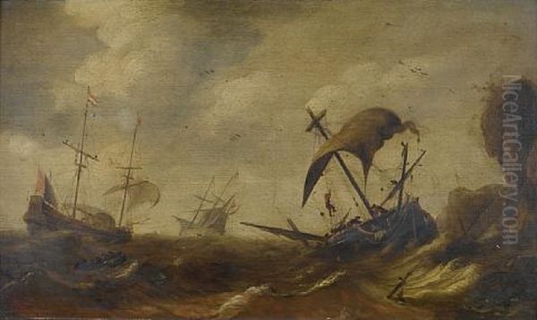 Dutch Shipping Foundering In Stormy Seas Off A Rocky Coastline - view 1
