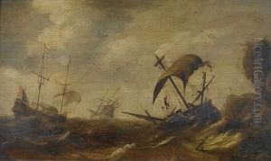Dutch Shipping Foundering In Stormy Seas Off A Rocky Coastline