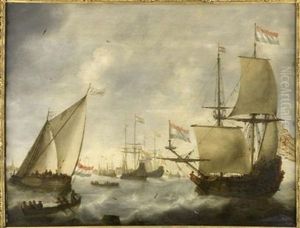 The Dutch Fleet Entering Harbour In Choppy Seas by Jacob Adriaenz. Bellevois