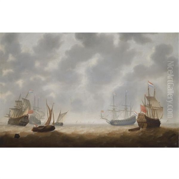 Four Galley Frigates And Two Smallships In Choppy Seas, Shipping At The Horizon - view 1