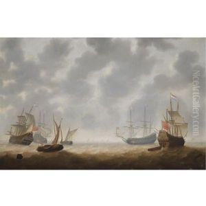 Four Galley Frigates And Two Smallships In Choppy Seas, Shipping At The Horizon by Jacob Adriaenz. Bellevois