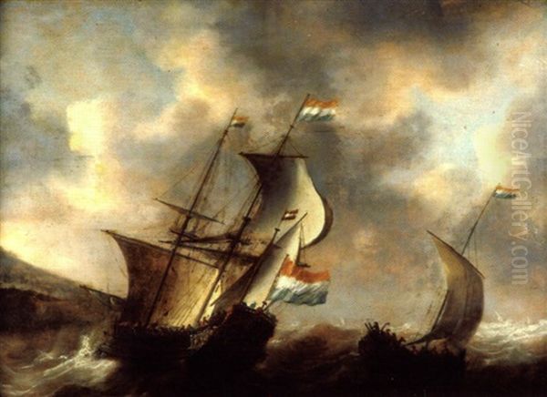 Scene De Tempete Avec Un Trois Mats Et Une Barque De Peche - view 1