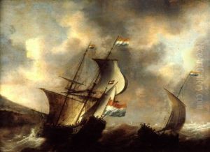 Scene De Tempete Avec Un Trois Mats Et Une Barque De Peche by Jacob Adriaenz. Bellevois