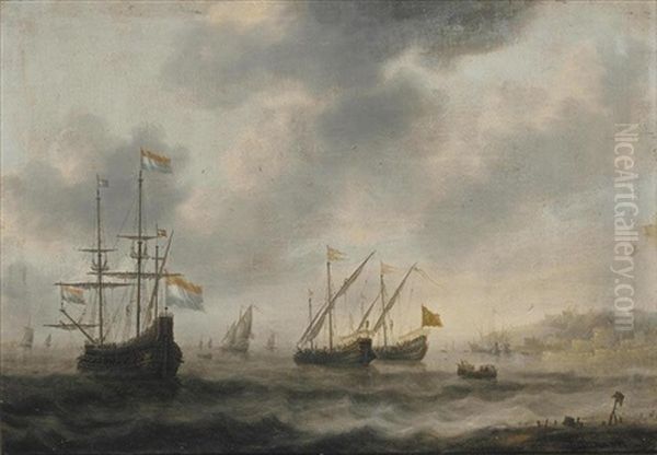 The Dutch Flagship De Roode Leeuw And Two English Vessels Together With Other Shipping And Rowing Boats Before The Harbour Of Gibraltar - view 1