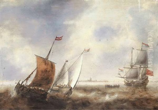Two Smalschips In Stormy Waters With A Dutch Man Of War Off The Coast Of A Town - view 1