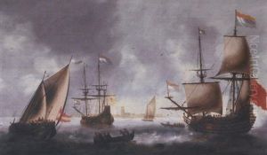 A Large Flute, A Boeier And Other Shipping Under Sail And At Anchor On The Merwede, Dordrecht In The Distance