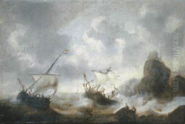 A Coastal Landscape With Frigates Off The Coast In A Storm - view 1