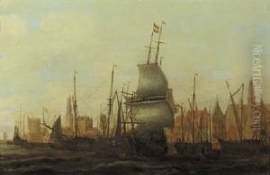 Threemasters And Other Vessels Moored At A Quay by Jacob Adriaenz. Bellevois