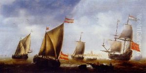 Navire De Haut Bord, Barques Et Voilliers Sous Le Vent Devant Une Ville by Jacob Adriaenz. Bellevois