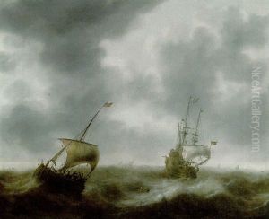 A Dutch Merchantman, A Pink And Other Shipping In Rough Seas by Jacob Adriaenz. Bellevois