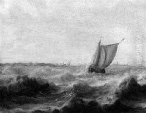 Marine - Fischerboot In Sturmischer See Vor Einer Hafenstadt by Jacob Adriaenz. Bellevois